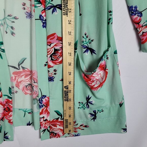 Tickled Teal Floral Cardigan Women's Large Green Pink Long Lines Pockets Boho - Picture 6 of 9